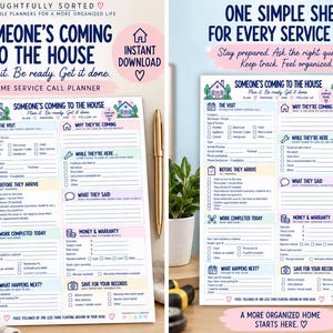 May include: A printable home service call planner sheet titled Someone's Coming to the House. The document features sections for visit details, service reasons, tasks before arrival, work completed, money, warranty, and follow-up notes in a grid layout.