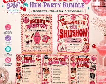 May include: A retro-themed hen party bundle featuring an editable invitation, welcome sign, and three printable games. The designs use a pink, red, and cream colour palette with illustrations of disco balls, cherries, cocktails, and telephones.