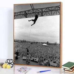 May include: A black and white framed wall art print depicting a concert scene. A performer hangs from a metal stage truss above a large crowd, while another individual stands on the stage floor below, connected by a thin cord or cable.