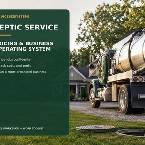 May include: A dark green informational graphic titled SERVICEBIZSYSTEMS SEPTIC SERVICE PRICING & BUSINESS OPERATING SYSTEM. It lists benefits including price jobs confidently, track costs and profit, and run a more organised business, with EXCEL WORKBOOK + WORD TOOLKIT at the bottom.