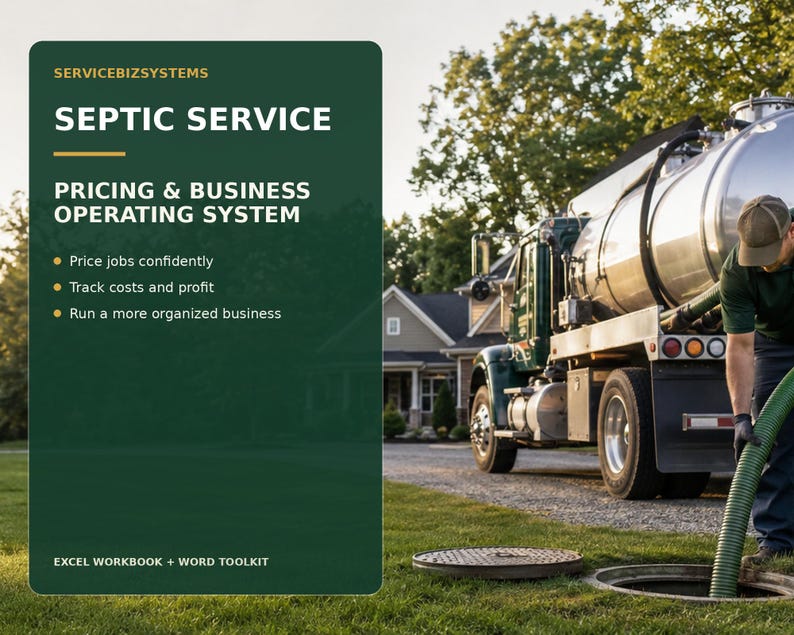 May include: A dark green informational graphic titled SERVICEBIZSYSTEMS SEPTIC SERVICE PRICING & BUSINESS OPERATING SYSTEM. It lists benefits including price jobs confidently, track costs and profit, and run a more organised business, with EXCEL WORKBOOK + WORD TOOLKIT at the bottom.