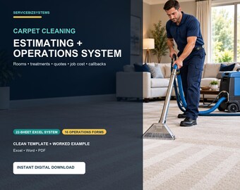 Carpet Cleaning Business System | Pricing Calculator, Quote, CRM, Job Cost, Invoice & Reminder Excel Toolkit