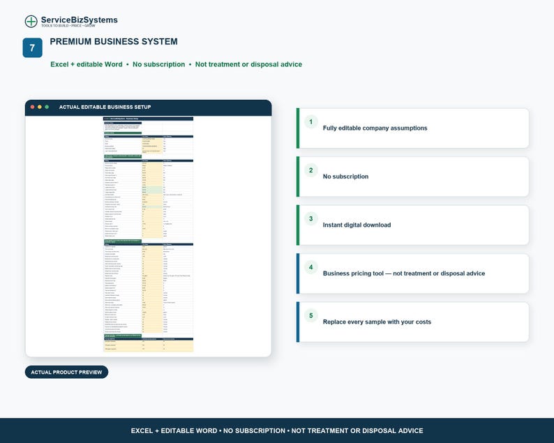 May include: A digital business system template featuring a preview of an editable Excel spreadsheet. The layout includes five numbered points detailing features like fully editable company assumptions, no subscription, instant download, and a pricing tool.