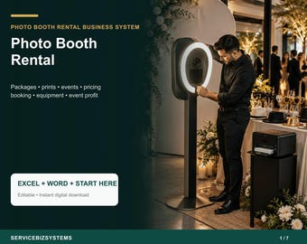 Puede incluir: Un sistema de negocio de alquiler de fotomatón sobre un fondo verde oscuro con texto en blanco que dice Photo Booth Rental, Packages, prints, events, pricing, booking, equipment, event profit y EXCEL + WORD + START HERE.