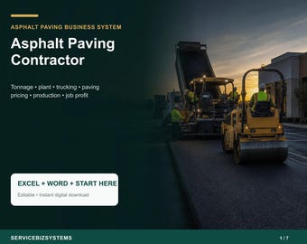 Asphalt Paving Contractor Pricing Calculator & Business Operating System | Tonnage, Estimate, Job Cost Excel + Word Toolkit