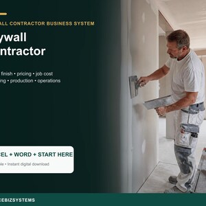 Könnte beinhalten: Ein digitales Geschäftssystem für Trockenbauunternehmer mit dem Text Drywall Contractor Business System, Board, finish, pricing, job cost, estimating, production, operations und EXCEL + WORD + START HERE auf dunkelgrünem Hintergrund.
