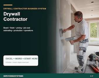 Drywall Contractor Pricing Calculator & Business Operating System | Board Takeoff, Finish, Estimate, Job Cost Excel + Word Toolkit