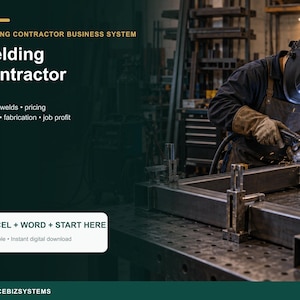 May include: A digital business system for welding contractors featuring the text Welding Contractor Business System, Welding Contractor, Metal, welds, pricing, takeoff, fabrication, job profit, and EXCEL + WORD + START HERE on a dark background.