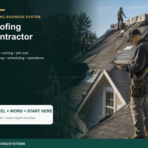 Könnte beinhalten: Ein digitales Dachdecker-Geschäftssystem mit dem Text Roofing Business System, Roofing Contractor, Takeoff, pricing, job cost, estimating, scheduling, operations, sowie EXCEL + WORD + START HERE.