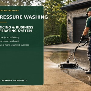 May include: A dark green informational graphic titled SERVICEBIZSYSTEMS PRESSURE WASHING PRICING & BUSINESS OPERATING SYSTEM. It lists features for job pricing, cost tracking, and business organization, noting an EXCEL WORKBOOK + WORD TOOLKIT.