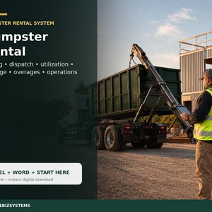 Könnte beinhalten: Ein digitales Dokumentenset für ein Container-Mietsystem mit dem Text Dumpster Rental System, Pricing, dispatch, utilization, tonnage, overages, operations und EXCEL + WORD + START HERE. Das Bild zeigt einen LKW beim Aufladen eines Containers.