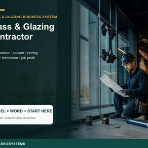 Könnte beinhalten: Ein digitales Geschäftssystem für Glas- und Fassadenbauunternehmer mit dem Text Glass & Glazing Business System, Glass & Glazing Contractor, Lites, frames, sealant, pricing, takeoff, fabrication, job profit und EXCEL + WORD + START HERE.