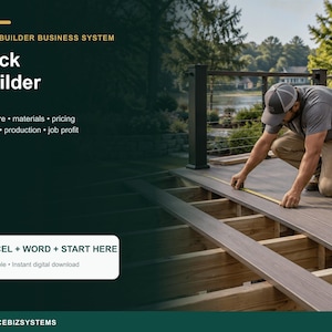 Könnte beinhalten: Ein digitales Geschäftssystem für Terrassenbauer mit dem Text Deck Builder Business System, Deck Builder, Structure, materials, pricing, takeoff, production, job profit und EXCEL + WORD + START HERE. Eine Person misst eine Terrasse.