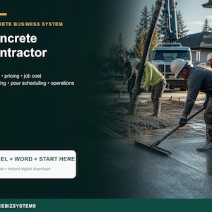 Könnte beinhalten: Ein digitales Geschäftssystem für Betonunternehmer mit dem Text Concrete Business System, Concrete Contractor, Volume, pricing, job cost, estimating, pour scheduling, operations, EXCEL + WORD + START HERE und SERVICEBIZSYSTEMS.
