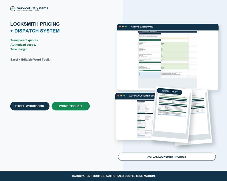 Puede incluir: Un sistema digital de precios y despacho para cerrajeros que incluye un libro de Excel y documentos de Word editables. La interfaz muestra un panel de control, presupuestos de clientes y hojas de productos con el texto ServiceBizSystems.