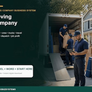 May include: A digital business system for moving companies featuring text that reads Moving Company Business System, Moving Company, Volume, crew, trucks, travel, pricing, dispatch, job profit, EXCEL + WORD + START HERE, and SERVICEBIZSYSTEMS.