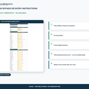 Puede incluir: Un documento digital de configuraci&oacute;n empresarial que muestra una vista previa de una hoja de c&aacute;lculo de Excel y una lista de cinco caracter&iacute;sticas clave: suposiciones de empresa totalmente editables, sin suscripci&oacute;n y descarga instant&aacute;nea.