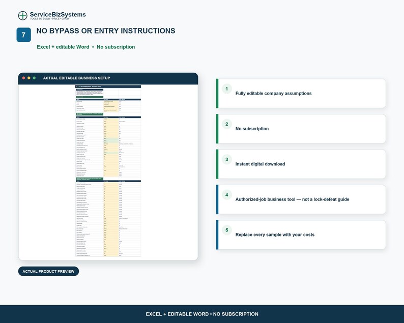 Puede incluir: Un documento digital de configuraci&oacute;n empresarial que muestra una vista previa de una hoja de c&aacute;lculo de Excel y una lista de cinco caracter&iacute;sticas clave: suposiciones de empresa totalmente editables, sin suscripci&oacute;n y descarga instant&aacute;nea.