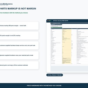 Puede incluir: Una infograf&iacute;a educativa titulada PARTS MARKUP IS NOT MARGIN de ServiceBizSystems. Presenta cinco puntos numerados que explican los m&eacute;todos de fijaci&oacute;n de precios de hardware y una ventana que muestra un ACTUAL CALCULATED QUOTE con una columna resaltada en amarillo.