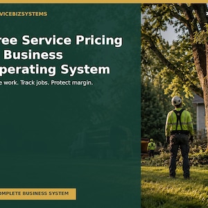 Könnte beinhalten: Eine digitale Grafik mit dunkelgrünem Hintergrund, die den Text SERVICEBIZSYSTEMS, Tree Service Pricing & Business Operating System, Price work. Track jobs. Protect margin. und COMPLETE BUSINESS SYSTEM sowie ein Foto eines Baumpflegers zeigt.