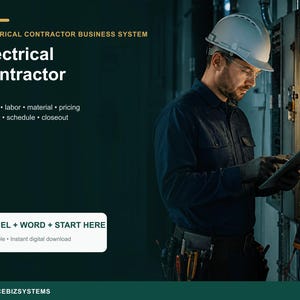 Könnte beinhalten: Ein digitales Geschäftssystem für Elektroinstallateure mit dem Text Electrical Contractor Business System, Takeoff, labor, material, pricing, job cost, schedule, closeout und EXCEL + WORD + START HERE auf einem dunklen Hintergrund.