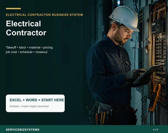 Electrical Contractor Pricing Calculator & Business Operating System | Takeoff, Labor, Estimate, Job Cost Excel + Word Toolkit