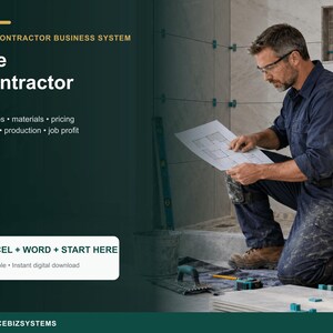 Könnte beinhalten: Ein Geschäftssystem für Fliesenleger mit dem Text TILE CONTRACTOR BUSINESS SYSTEM, Tile Contractor, Surfaces, materials, pricing, takeoff, production, job profit, EXCEL + WORD + START HERE und SERVICEBIZSYSTEMS.