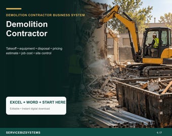 Demolition Contractor Pricing Calculator & Business Operating System | Takeoff, Disposal, Estimate, Job Cost Excel + Word Toolkit