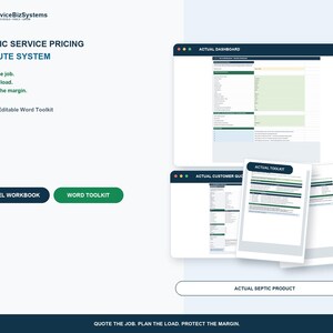 May include: A digital toolkit for septic service pricing and route management, featuring an Excel workbook and editable Word documents. The display shows an actual dashboard, customer quote, and septic product interface with the text Quote the job. Plan the load. Protect the margin.
