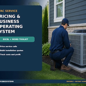 Könnte beinhalten: Ein digitales HVAC-Service-Preis- und Geschäftsbetriebssystem-Toolkit mit Excel- und Word-Dateien. Die Grafik zeigt den Text HVAC SERVICE PRICING & BUSINESS OPERATING SYSTEM, EXCEL + WORD TOOLKIT und listet Preise für Serviceanrufe auf.