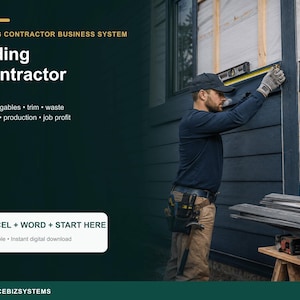 Könnte beinhalten: Ein digitales Geschäftssystem für Fassadenbauer mit dem Text Siding Contractor Business System, Siding Contractor, Walls, gables, trim, waste, pricing, production, job profit, EXCEL + WORD + START HERE und SERVICEBIZSYSTEMS.