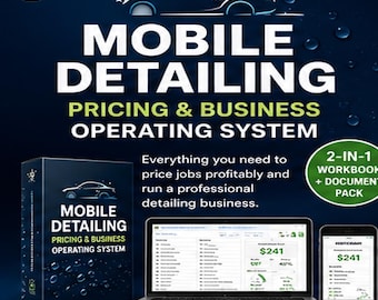 Puede incluir: Un sistema operativo de precios y negocios para detailing móvil con un libro de trabajo y paquete de documentos 2 en 1. La pantalla muestra un portátil y un smartphone con interfaces de software, texto y un gráfico de coche sobre fondo azul.