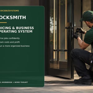 May include: A dark green informational graphic titled SERVICEBIZSYSTEMS LOCKSMITH PRICING & BUSINESS OPERATING SYSTEM. It lists features including price jobs confidently, track costs and profit, and run a more organised business, plus EXCEL WORKBOOK + WORD TOOLKIT.