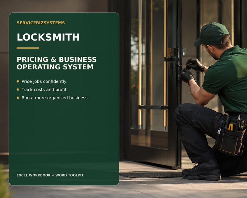Puede incluir: Un gr&aacute;fico informativo verde oscuro titulado SERVICEBIZSYSTEMS LOCKSMITH PRICING & BUSINESS OPERATING SYSTEM. Enumera caracter&iacute;sticas como price jobs confidently, track costs and profit, run a more organized business y EXCEL WORKBOOK + WORD TOOLKIT.