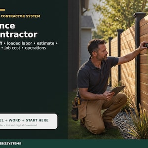 Könnte beinhalten: Ein digitales Fence Contractor System Dokument mit dem Text: Fence Contractor System, Fence Contractor, Takeoff, loaded labor, estimate, quote, job cost, operations, EXCEL + WORD + START HERE, Editable, Instant digital download, SERVICEBIZSYSTEMS.