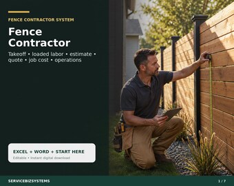 Puede incluir: Un documento digital Fence Contractor System con el texto: Fence Contractor System, Fence Contractor, Takeoff, loaded labor, estimate, quote, job cost, operations, EXCEL + WORD + START HERE, Editable, Instant digital download, SERVICEBIZSYSTEMS.