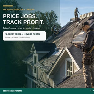 May include: A digital roofing estimator and takeoff tool featuring the text: ROOFING ESTIMATOR + TAKEOFF, PRICE JOBS. TRACK PROFIT., Takeoff, quote, crew schedule, closeout, 12-SHEET EXCEL + 11 WORD FORMS, Editable, No macros, Instant download, SERVICEBIZSYSTEMS.
