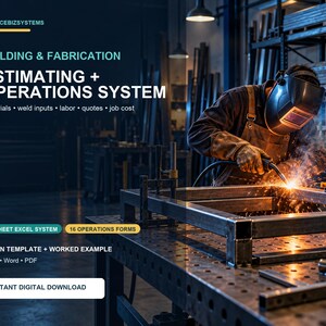 Op de afbeelding: Een digitaal sjabloon voor een calculatie- en bedrijfssysteem voor lassen en fabricage. De tekst bevat SERVICEBIZSYSTEMS, WELDING & FABRICATION, ESTIMATING + OPERATIONS SYSTEM, 30-SHEET EXCEL SYSTEM, 16 OPERATIONS FORMS en INSTANT DIGITAL DOWNLOAD.