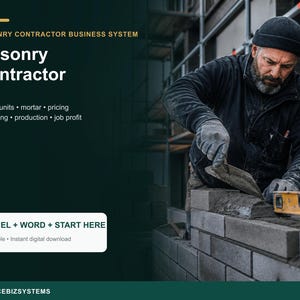Könnte beinhalten: Ein Geschäftssystem für Maurerunternehmer mit dem Text MASONRY CONTRACTOR BUSINESS SYSTEM, Masonry Contractor, Walls, units, mortar, pricing, estimating, production, job profit und EXCEL + WORD + START HERE.