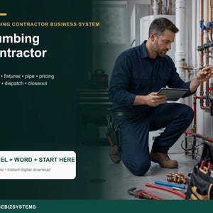 Könnte beinhalten: Ein digitales Dokumentenset mit dem Titel Plumbing Contractor Business System mit Text für service, fixtures, pipe, pricing, job cost, dispatch und closeout. Enthält eine Schaltfläche EXCEL + WORD + START HERE und den Text SERVICEBIZSYSTEMS.
