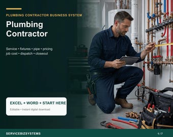 Plumbing Contractor Pricing Calculator & Business Operating System | Service, Fixture, Pipe, Estimate, Job Cost Excel + Word Toolkit