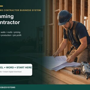 Könnte beinhalten: Ein digitales Geschäftssystem für Rahmenbauunternehmer mit dem Text Framing Contractor Business System, Floors, walls, roofs, pricing, takeoff, production, job profit und EXCEL + WORD + START HERE sowie einem Bauarbeiter mit Bauplänen.