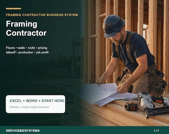 Framing Contractor Pricing Calculator & Business Operating System | Lumber Takeoff, Estimate, Job Cost Excel + Word Toolkit