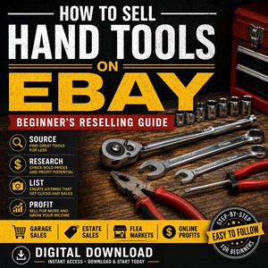 May include: A digital guide titled How to Sell Hand Tools on eBay featuring a ratchet, wrenches, and pliers on a wooden surface. The text includes Beginner's Reselling Guide, Source, Research, List, Profit, Garage Sales, Estate Sales, and Digital Download.