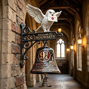 Puede incluir: Una campana decorativa de pared con un búho blanco que sostiene un sobre en el pico, posado sobre un letrero que dice Welcome to Hogwarts. La campana negra muestra el número 9 3/4, un tren y el texto Wizarding World, con un badajo de sombrero.