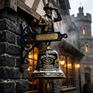 May include: A black metal wall-mounted sign featuring a bronze-toned figure of a man in a top hat holding a bottle. A plaque reads JACK DANIEL'S 1866-2025 160th Anniversary. Below hangs a black bell with gold lettering reading JACK DANIEL'S OLD NO.7.