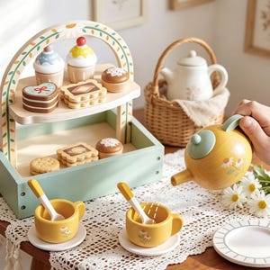 Juego de té de madera personalizado para bebés, cocinita Montessori (15 piezas), nombres personalizados para bebés, regalos para niñas