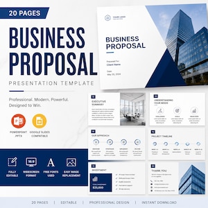 Może przedstawiać: 20-stronicowy szablon prezentacji oferty biznesowej w kolorystyce granatowo-białej. Układ zawiera stronę tytułową ze zdjęciem wieżowca oraz przykładowe slajdy dotyczące podsumowania, harmonogramu projektu i szczegółów inwestycji.