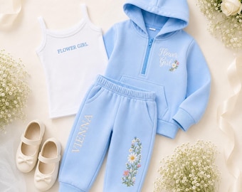 Personalized Flower Girl Sweatsuit, Embroidered Floral Outfit, Custom Name Wedding Set