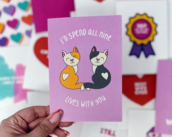 Romantic Card, Anniversary Card, Love Card, Cat Person Card, Cat Card, 'I'd Spend All Nine Lives With You'